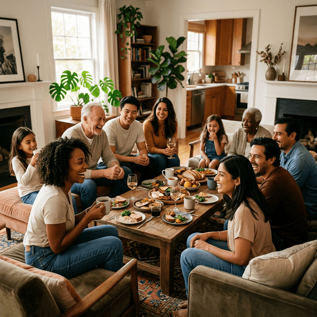 Realistic photograph of a diverse family and friends gathering in a modern home