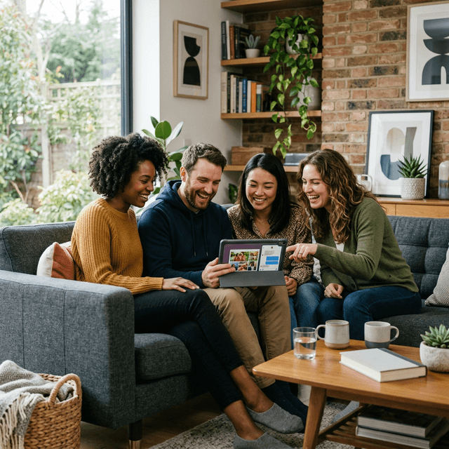 Realistic photograph of friends collaborating and laughing together